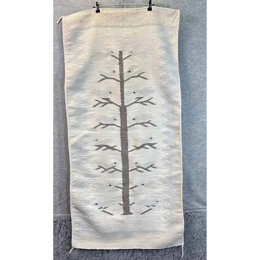 Tree of Life Navajo Style Rug Tapestry Folk Art Southwestern Blue Cream 26